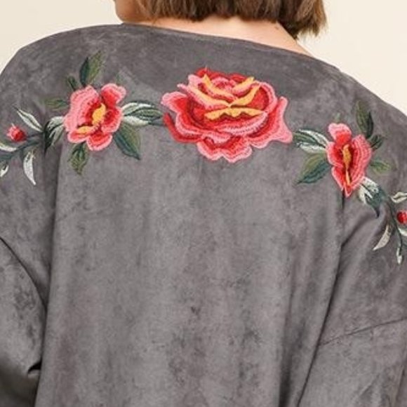 New UMGEE M gray embroidered roses open style sueded texture open tunic jacket - Picture 5 of 7